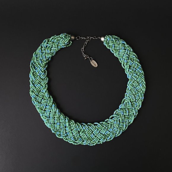 Tanjore India SignedTurquoise Blue Green Woven Seed Bead Collar Bib Necklace - Picture 2 of 12